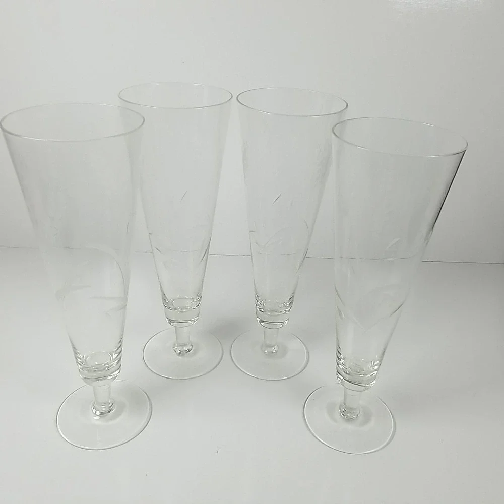 4 Vintage Wheat Etched Pilsner Beer Glasses